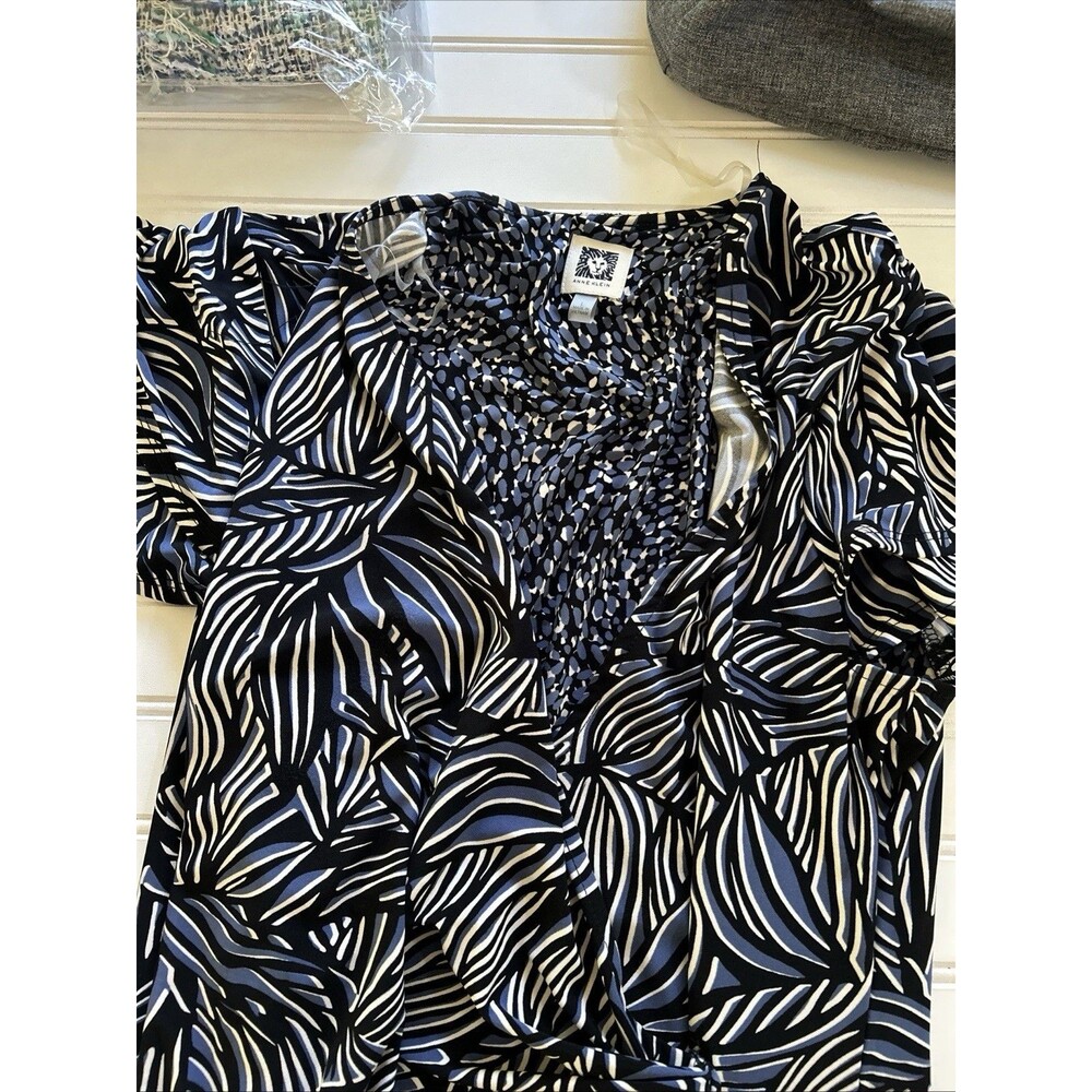 Anne Klein Dress Womens Large L Blue Black Printed Faux Wrap Sheath Work - Picture 6 of 16